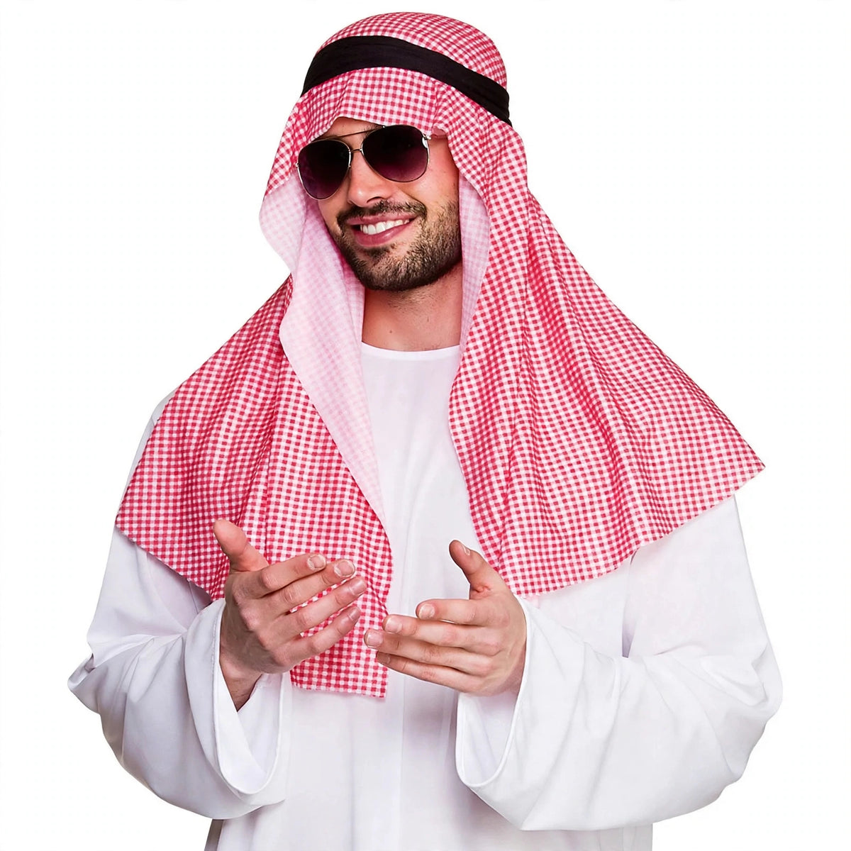 Close-up view of white robe and traditional headpiece included in Mens Arab Sheikh costume size XL