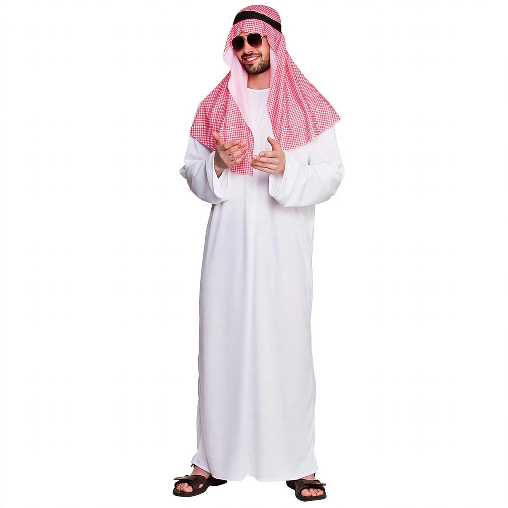 Mens Arab Sheikh fancy dress costume with white full-length loose-fitting robe and traditional headpiece in size XL