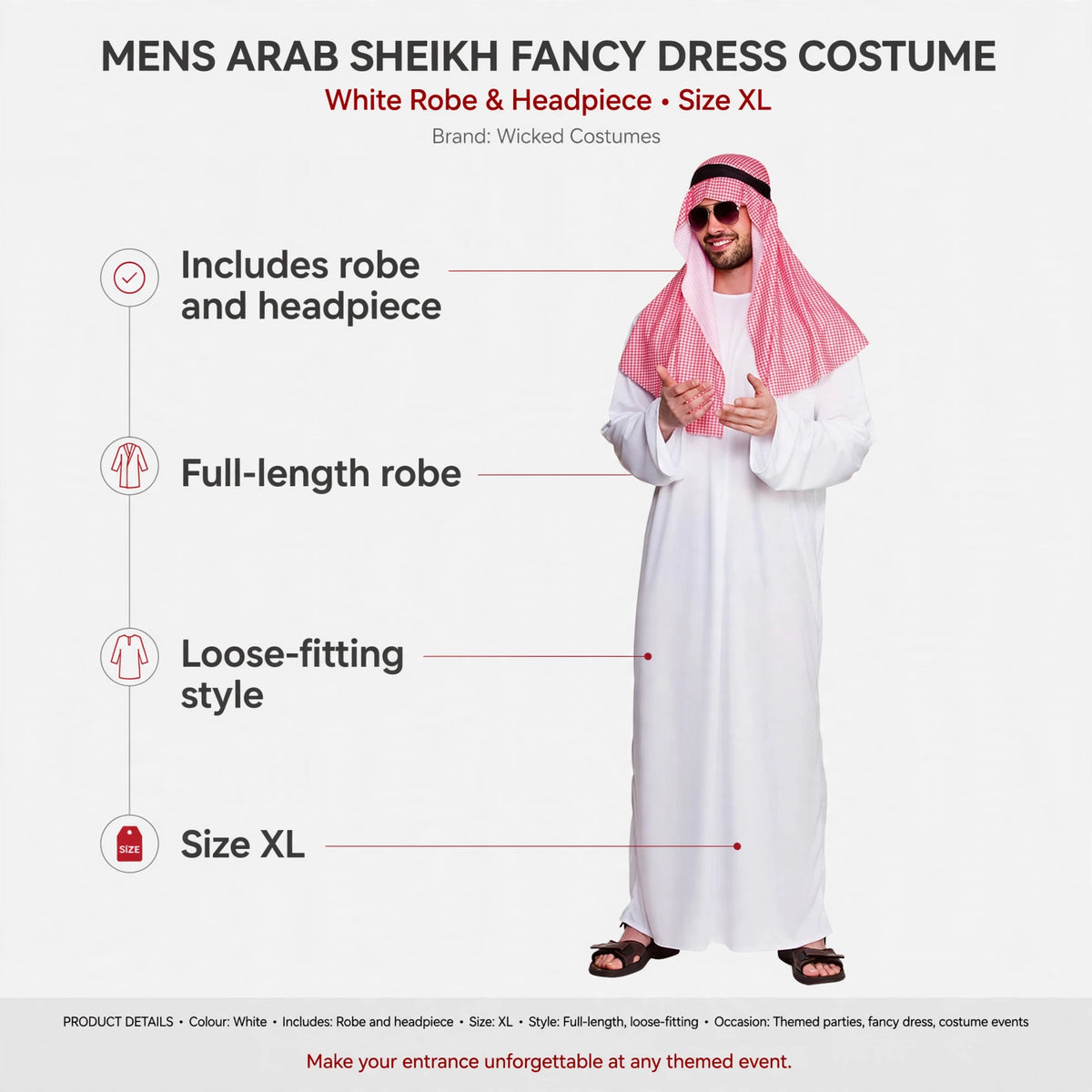 Costume features include full-length loose-fitting white robe and traditional headpiece for adult men size XL