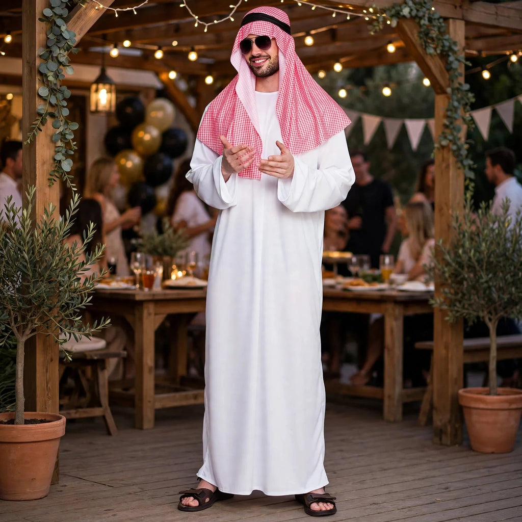 Mens Arab Sheikh costume worn for themed party or fancy dress event