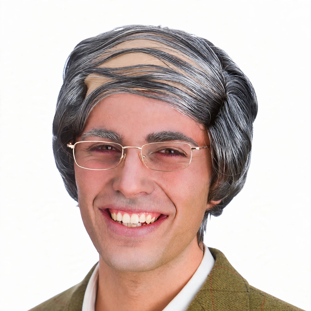 Close-up view of Mens Baldy Comb-Over Wig showing grey comb-over hair and bald top