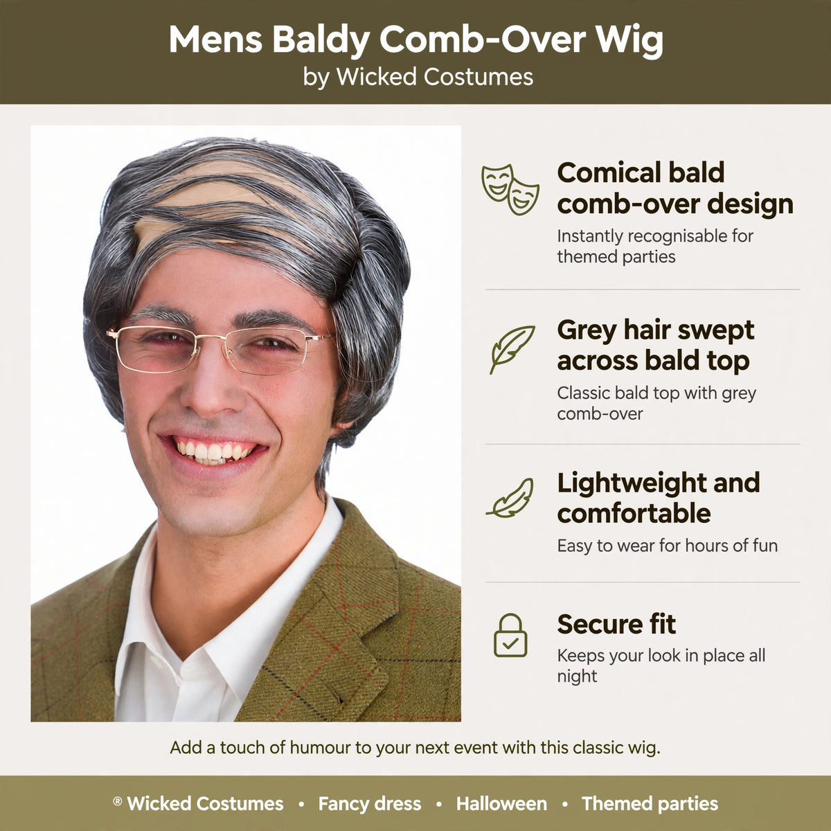 Infographic showing comical bald comb-over design, grey hair, lightweight, and secure fit features