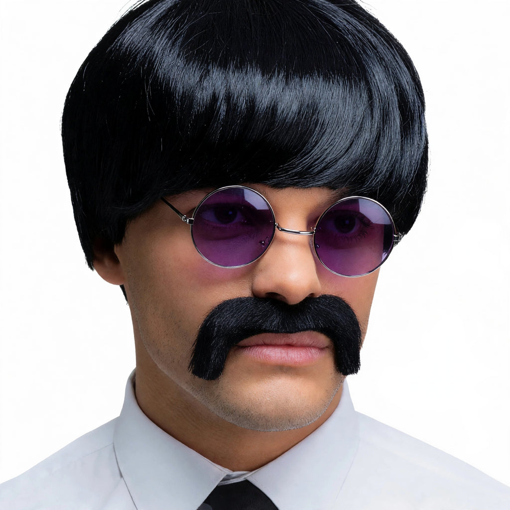Close-up view of black 1960s pop icon wig and moustache set