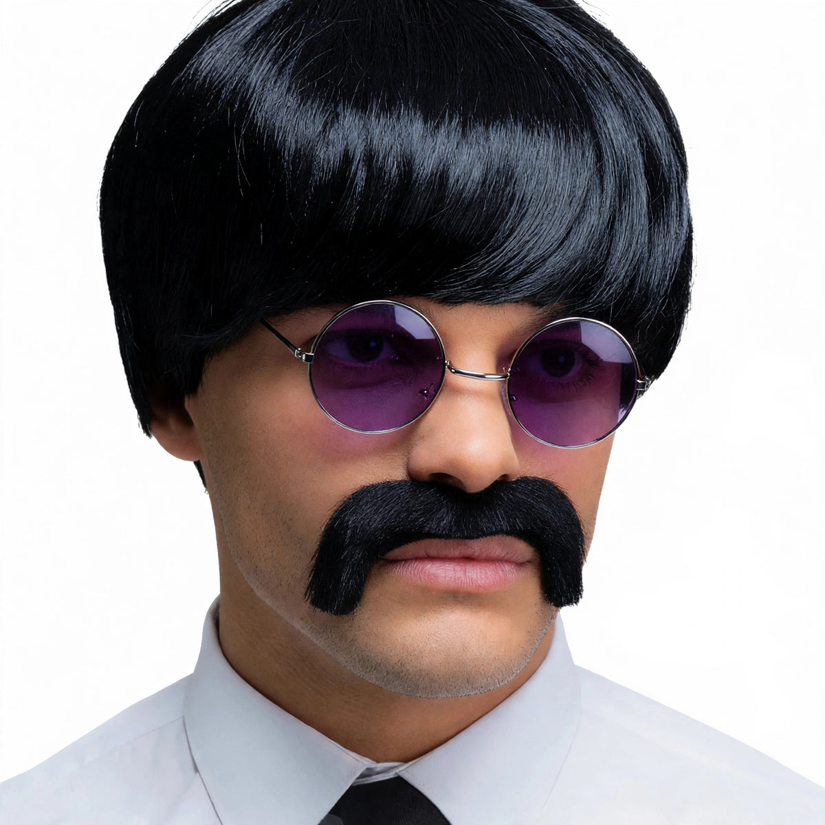 Close-up view of black 1960s pop icon wig and moustache set