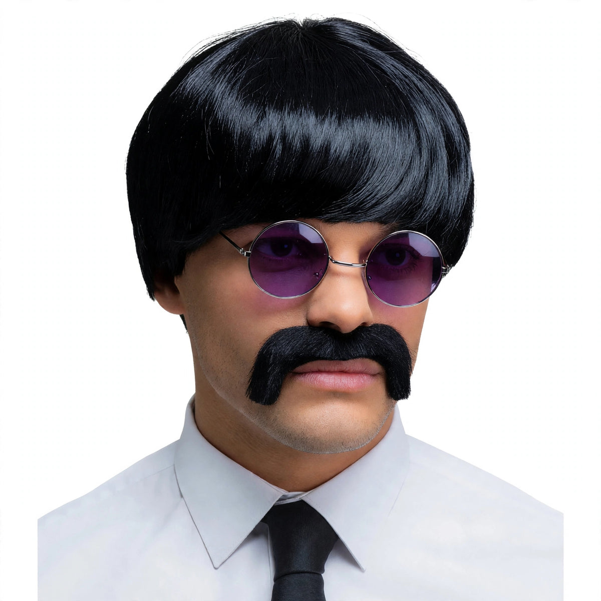 Mens 1960s pop icon wig and moustache set in black