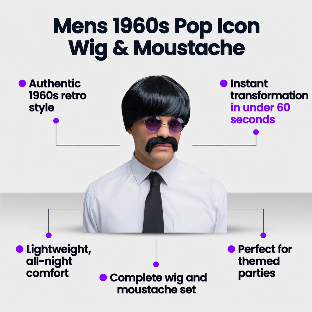 Mens 1960s Pop Icon Wig & Moustache – product image 2