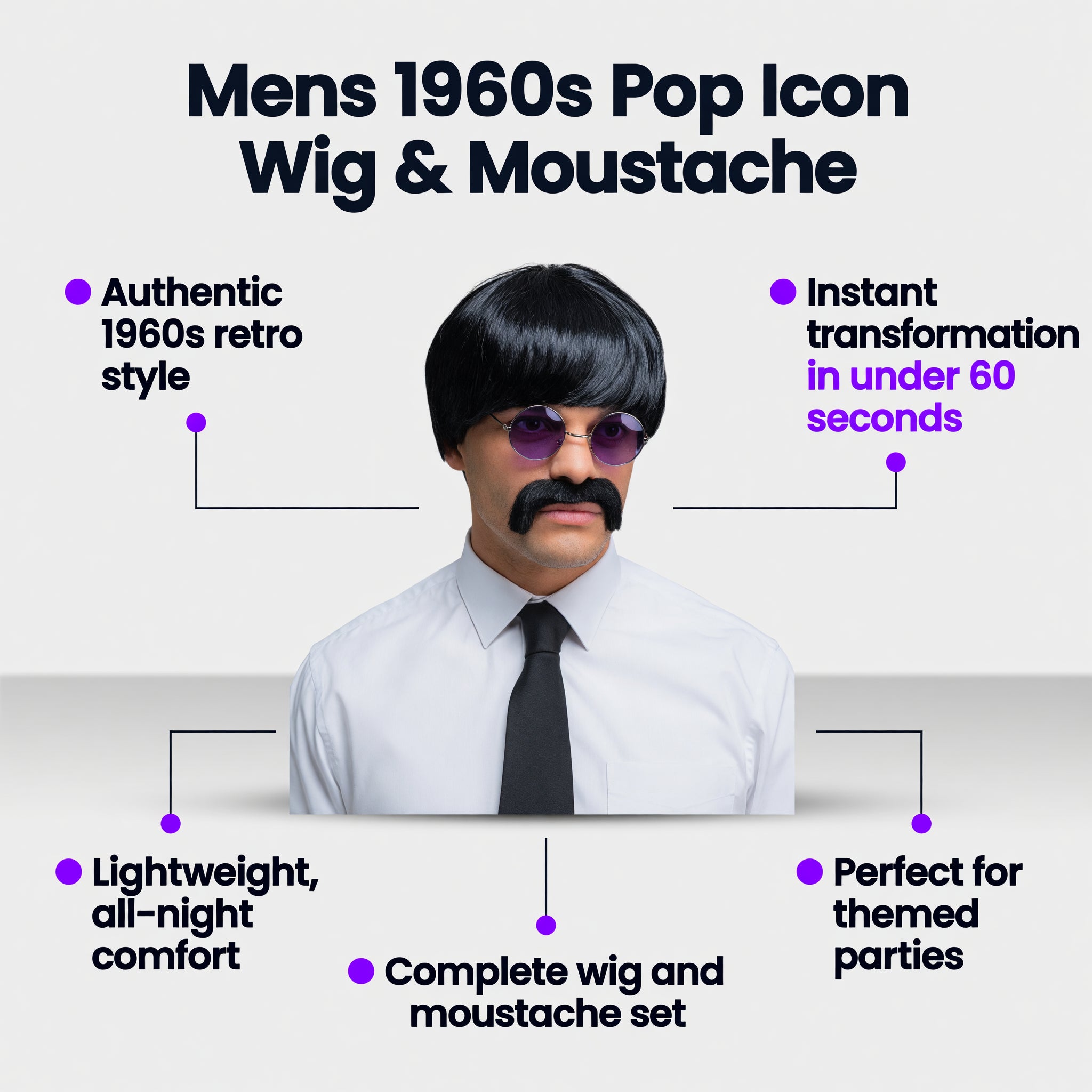 Mens 1960s Pop Icon Wig & Moustache