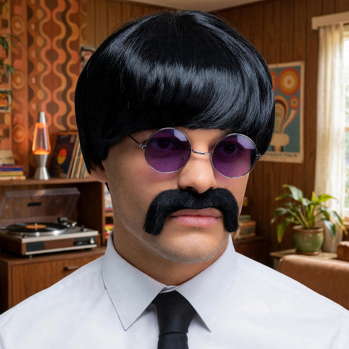 Mens 1960s pop icon wig and moustache worn for Beatles-themed fancy dress
