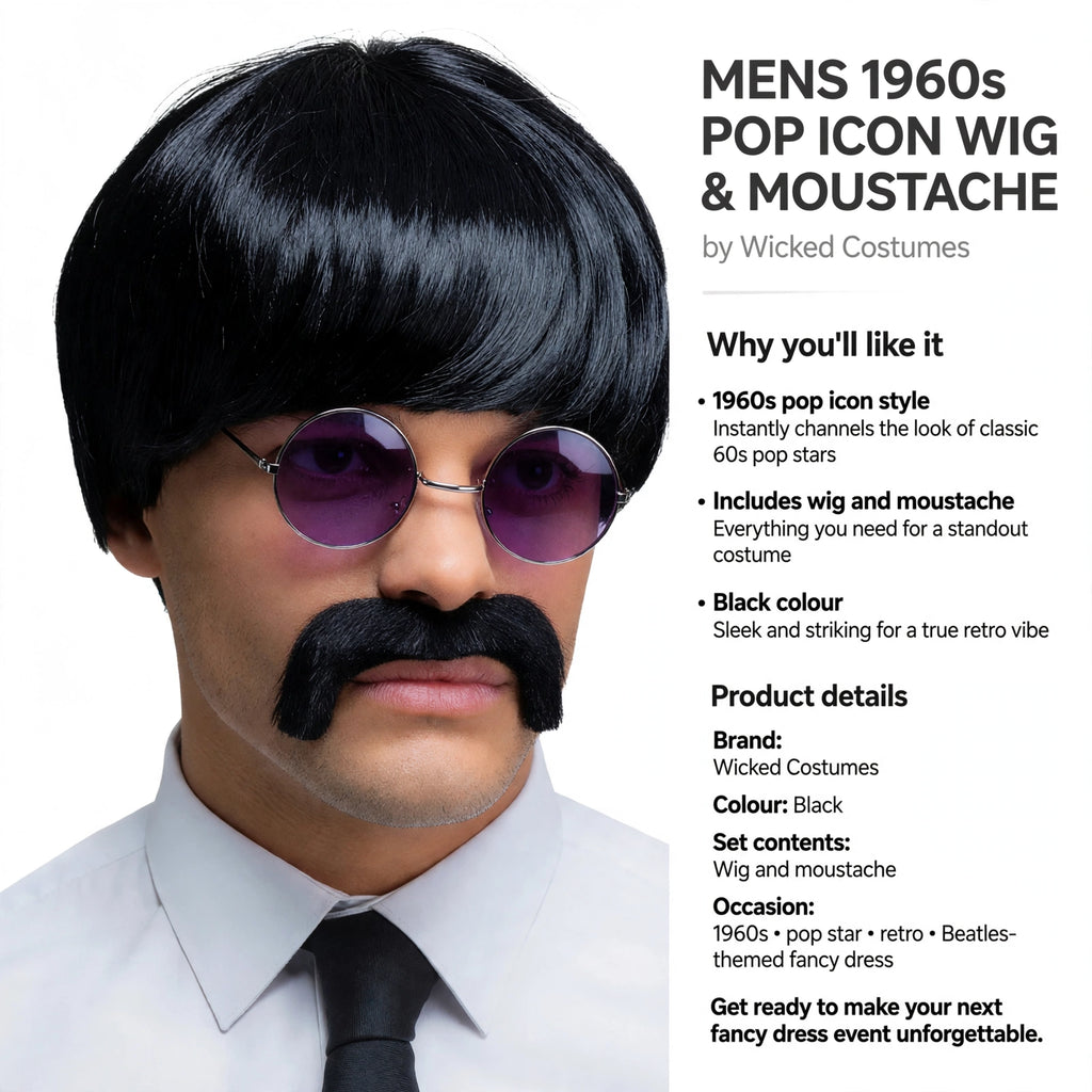 Wig and moustache set for 1960s pop star and retro fancy dress events