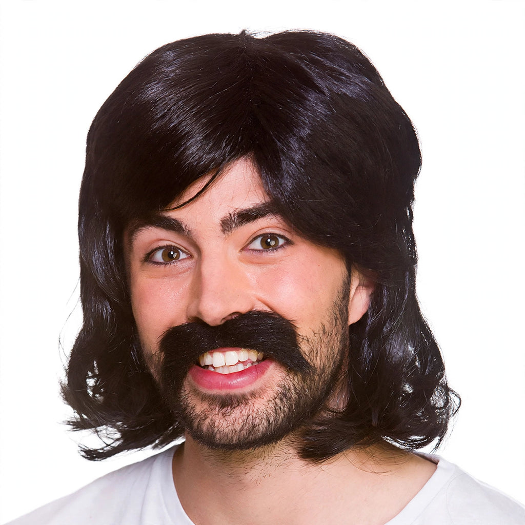 Close-up view of men's 1970s black wig and matching moustache set