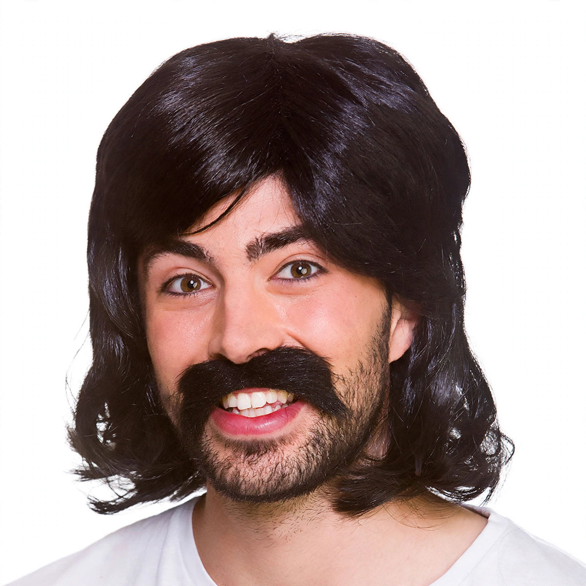 Close-up view of men's 1970s black wig and matching moustache set