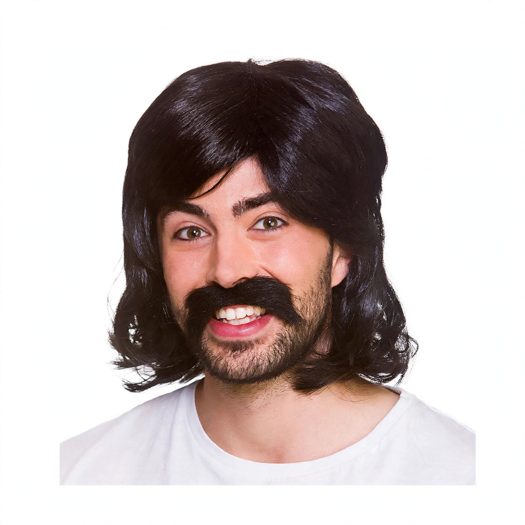 Men's 1970s black wig and moustache set with straight sleek style