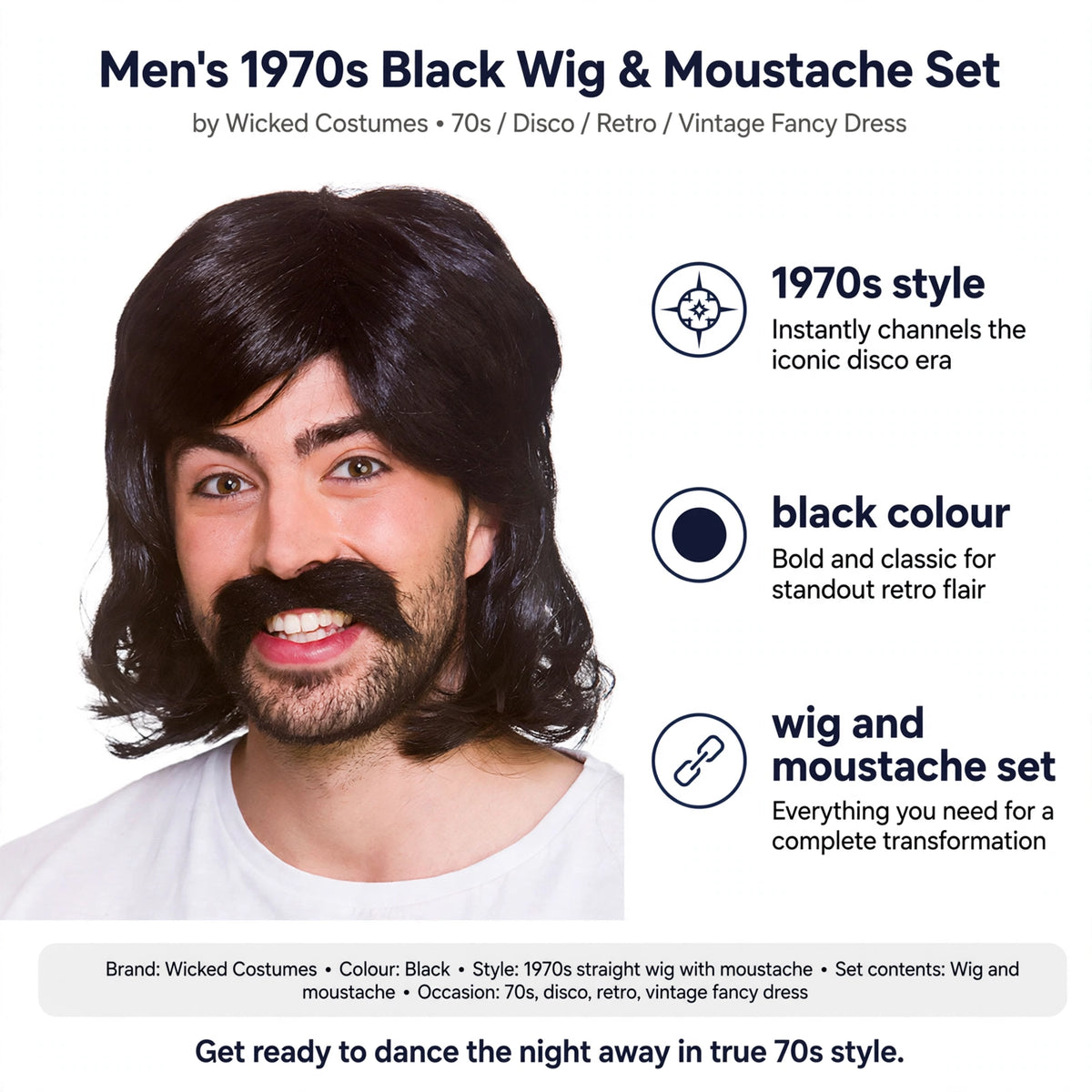 Features 1970s style, black colour, wig and moustache set