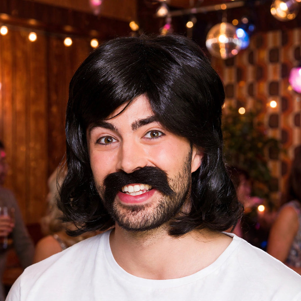 Men wearing 1970s black wig and moustache set for retro fancy dress