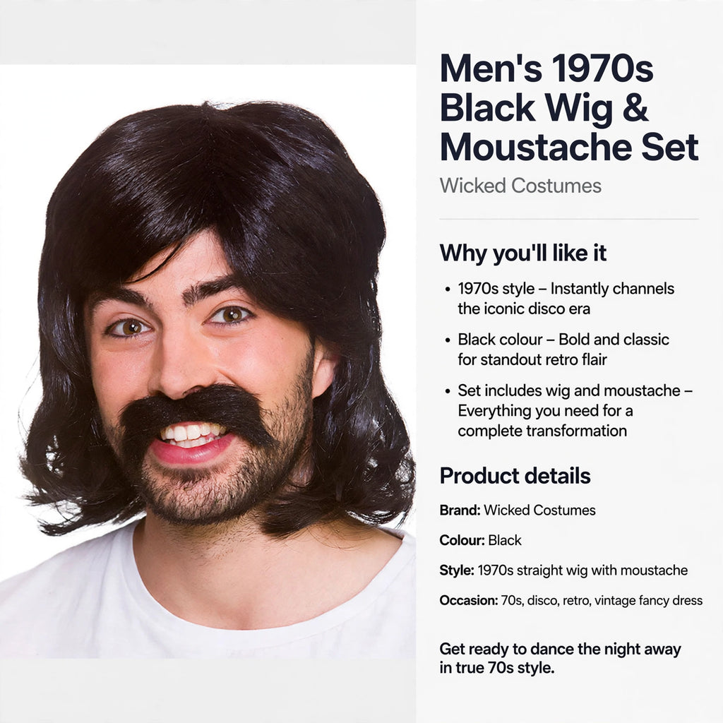 Set includes wig and moustache for vintage-themed fancy dress