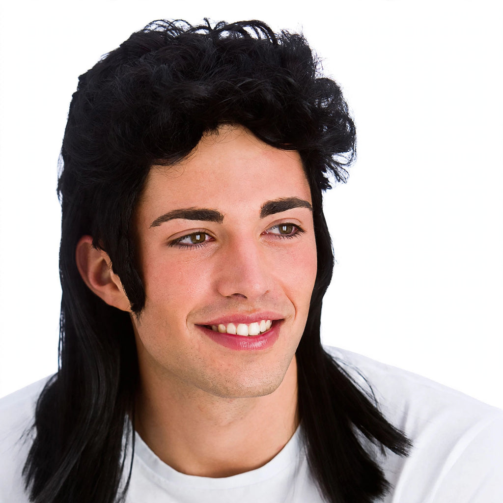 Close-up view of men's 1980s mullet black wig showing synthetic fibres and mullet shape