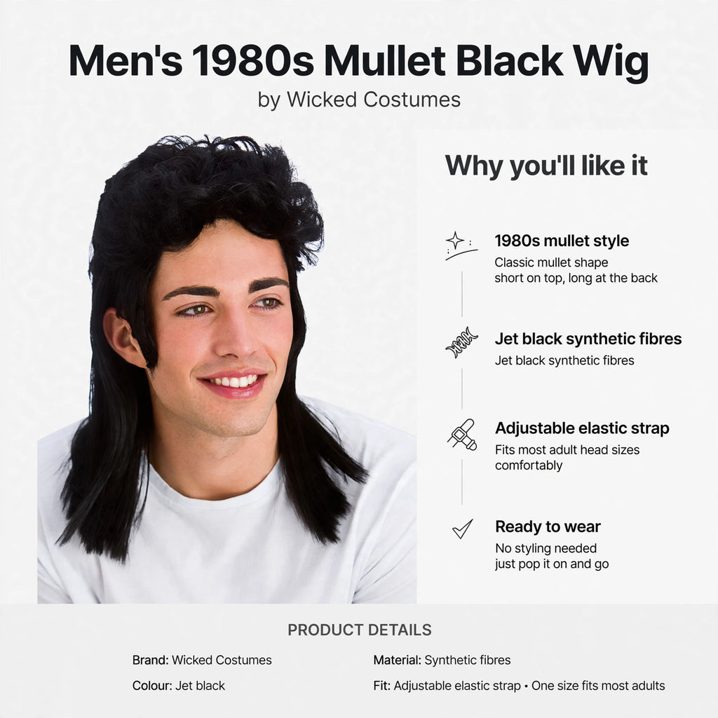 Infographic showing 1980s mullet style, jet black synthetic fibres, adjustable elastic strap, ready to wear
