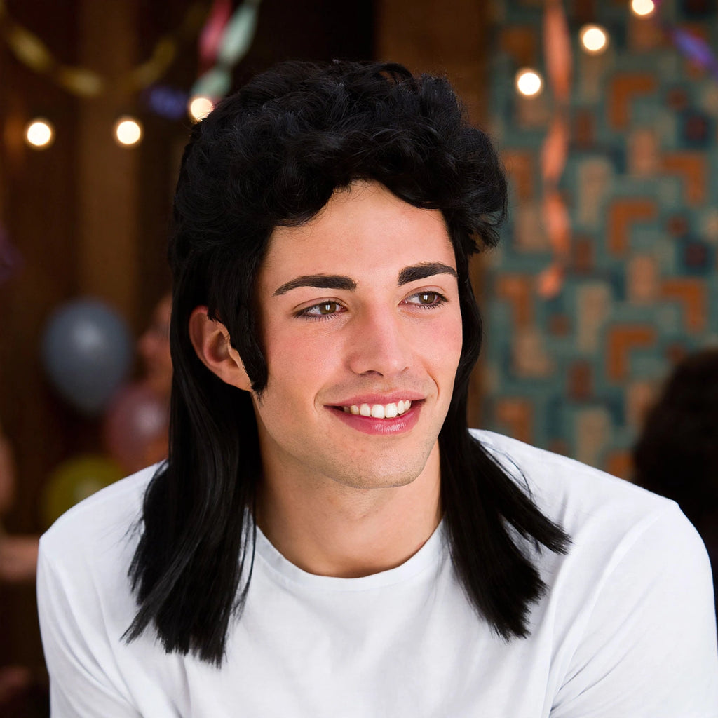 Men wearing the 1980s mullet black wig at a party or fancy dress occasion