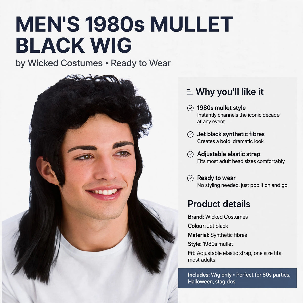 Men's 1980s mullet black wig with adjustable elastic strap for most adult head sizes, ready to wear