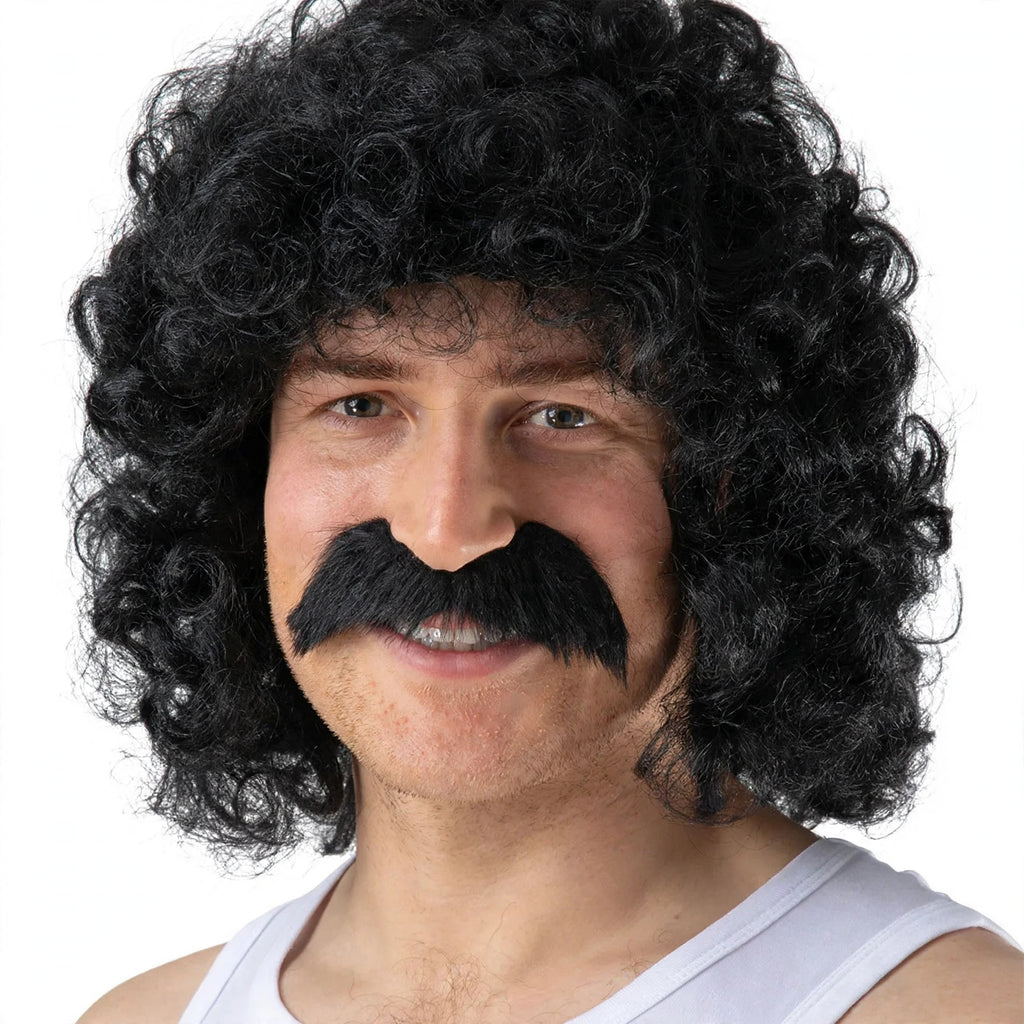 Close-up view of men's black curly perm wig with matching moustache