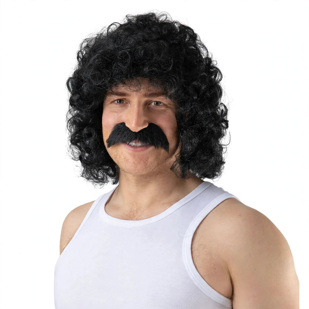 Men's black curly perm wig with matching black moustache for fancy dress
