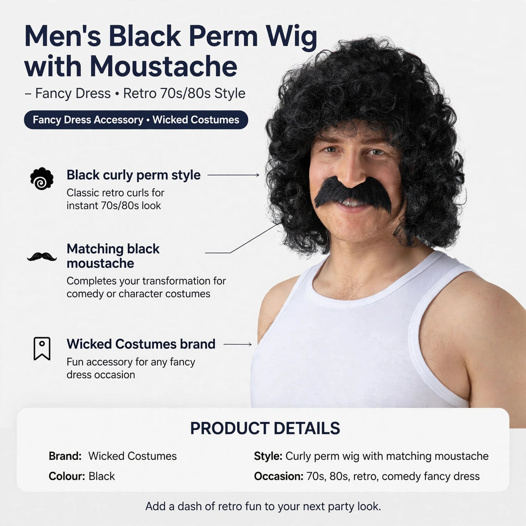 Features black curly perm wig style and matching black moustache from Wicked Costumes
