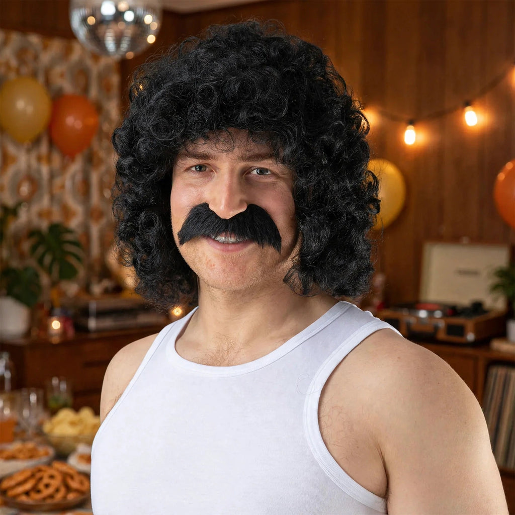 Men wearing black curly perm wig and matching moustache for 70s, 80s, or comedy fancy dress event