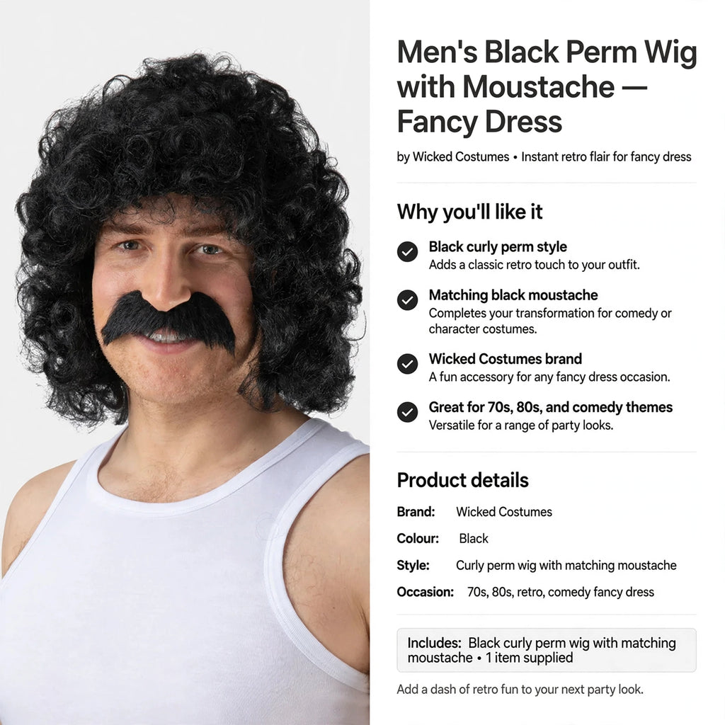 Wicked Costumes brand men's black curly perm wig and moustache set for fancy dress occasions