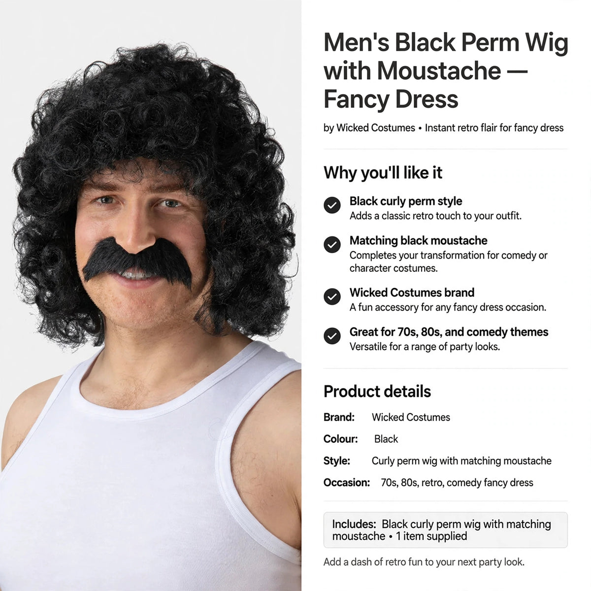 Wicked Costumes brand men's black curly perm wig and moustache set for fancy dress occasions
