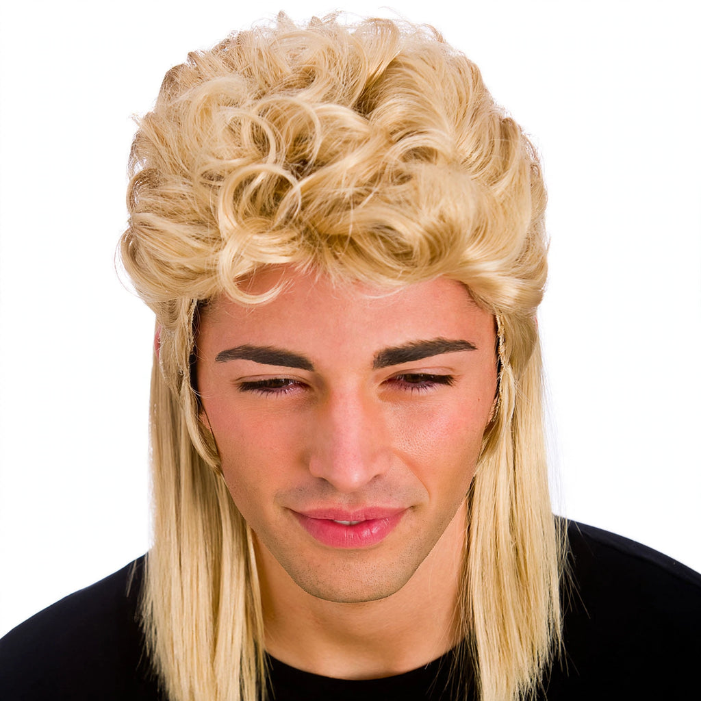 Close-up view of men's 1980s mullet blonde wig showing curly top and straight sides