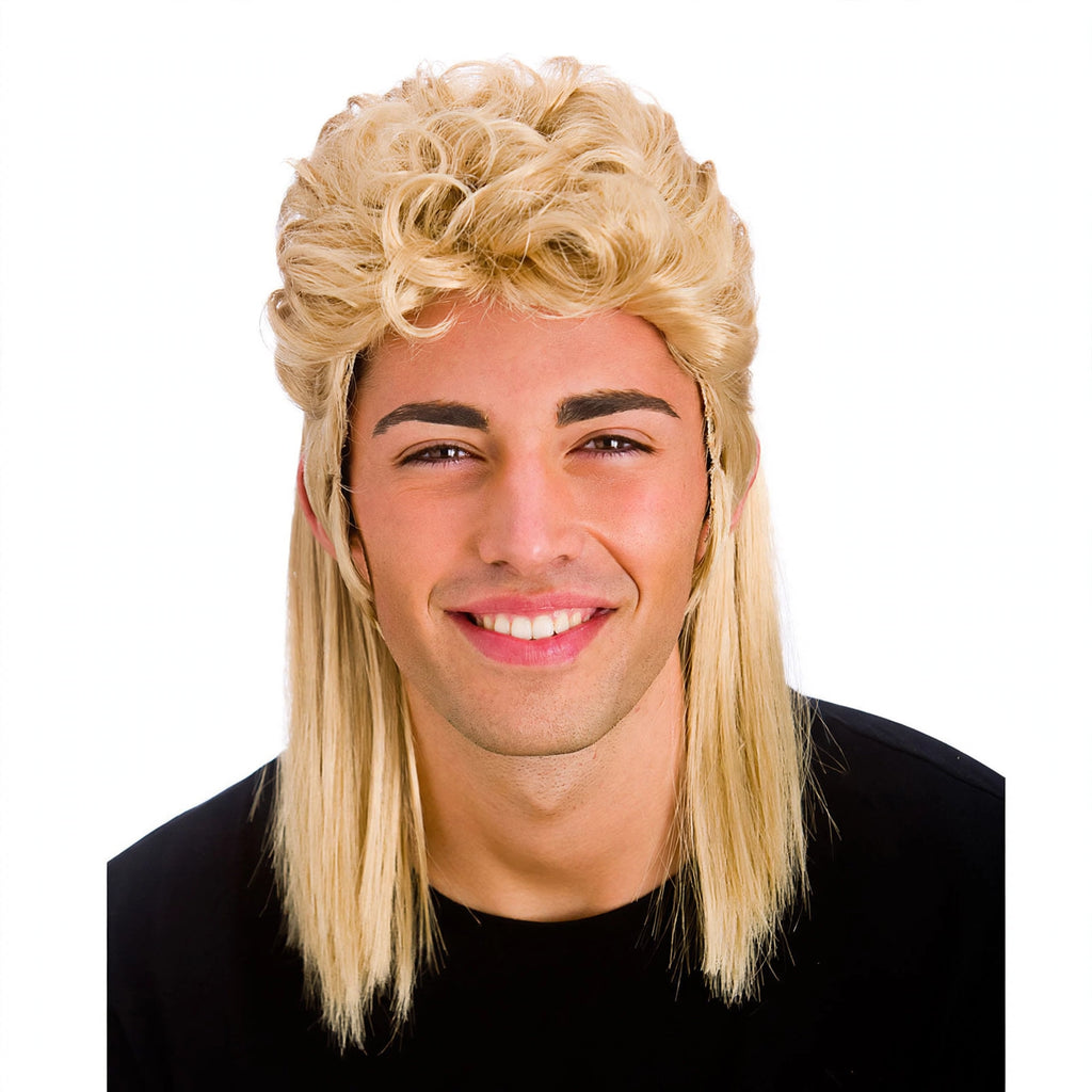 Men's 1980s mullet blonde wig with voluminous curly top and long straight sides