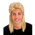 Men's 1980s mullet blonde wig with voluminous curly top and long straight sides
