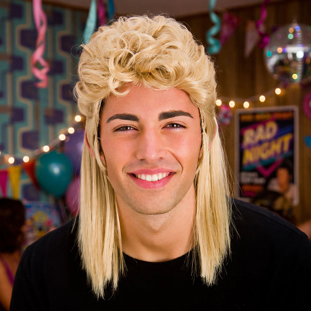 Men's 1980s mullet blonde wig worn for 80s themed events and fancy dress parties