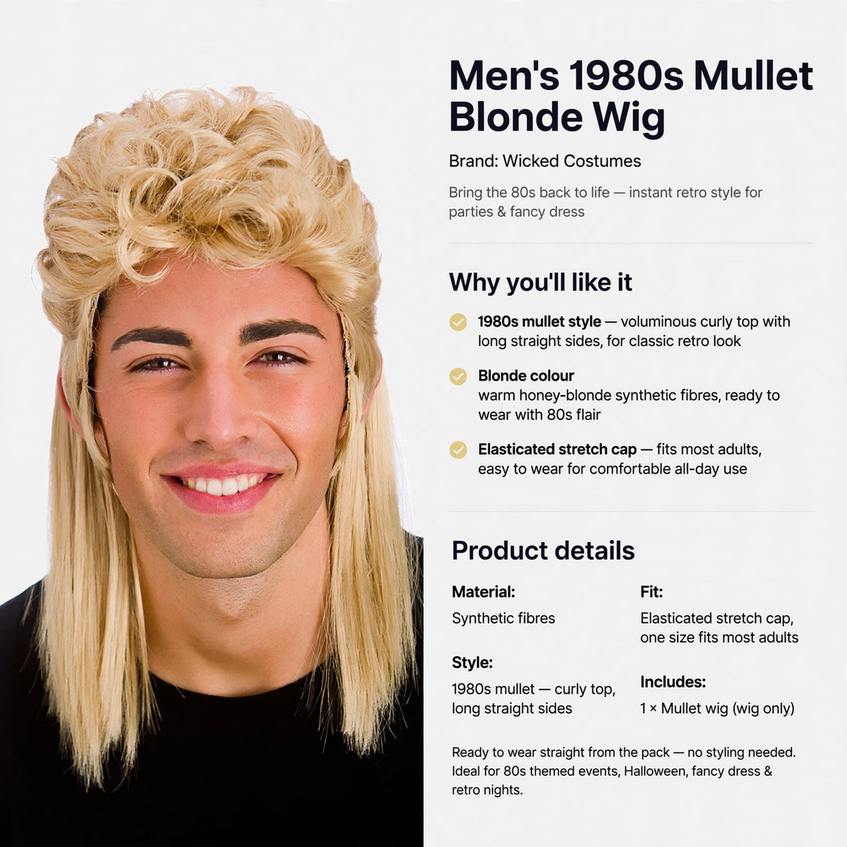Men's 1980s mullet blonde wig with elasticated stretch cap fitting most adults