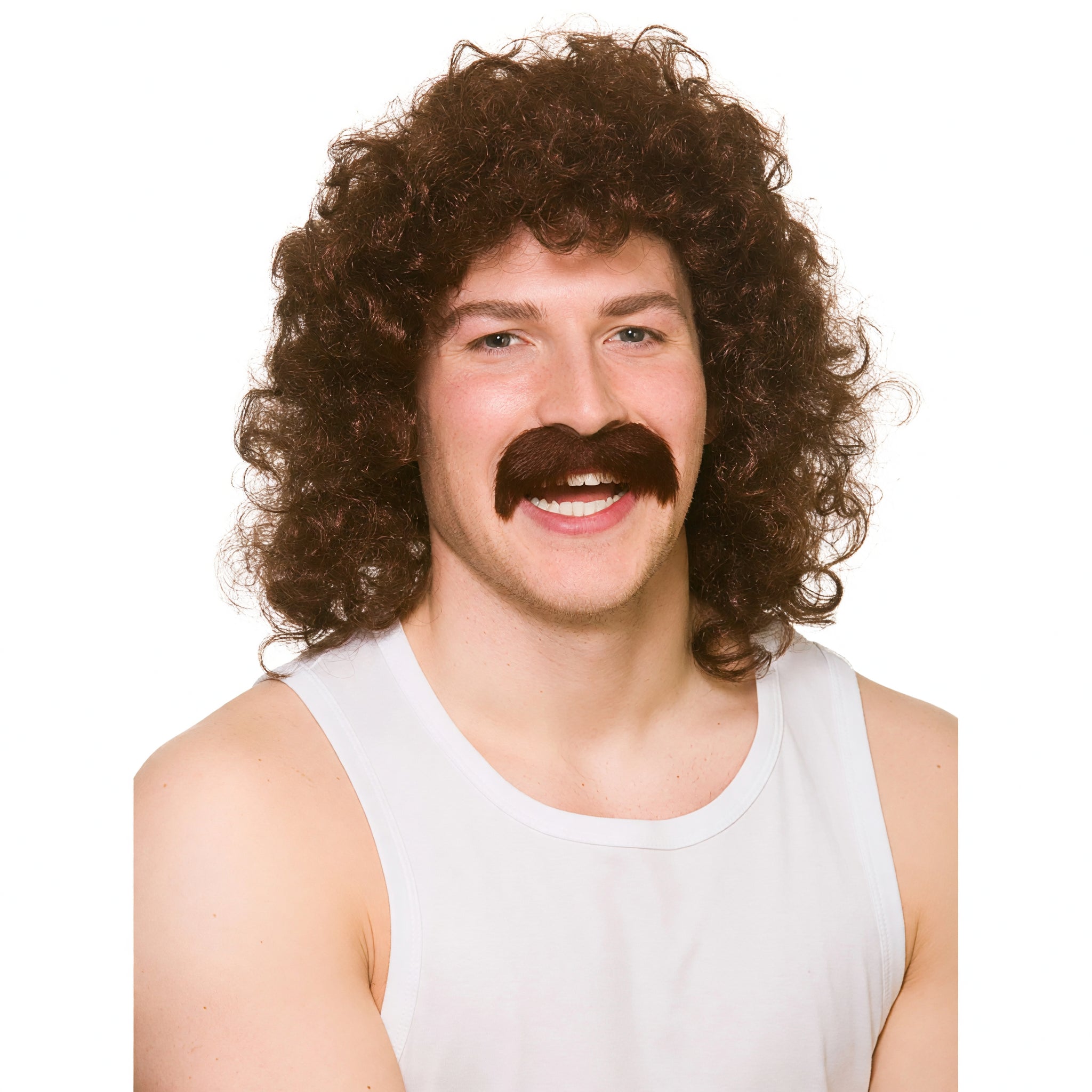 Men's Brown Perm Wig with Moustache