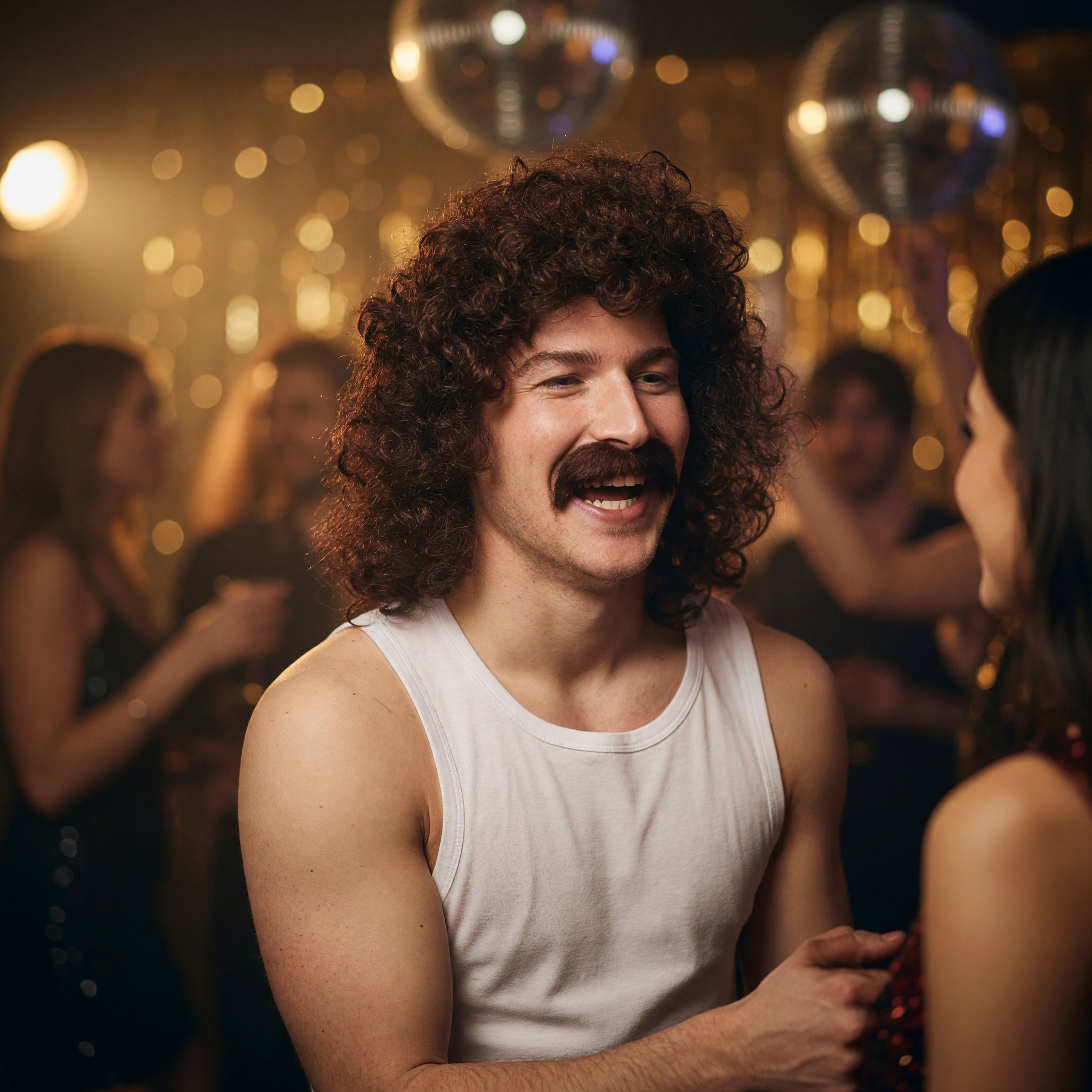 Men's Brown Perm Wig with Moustache