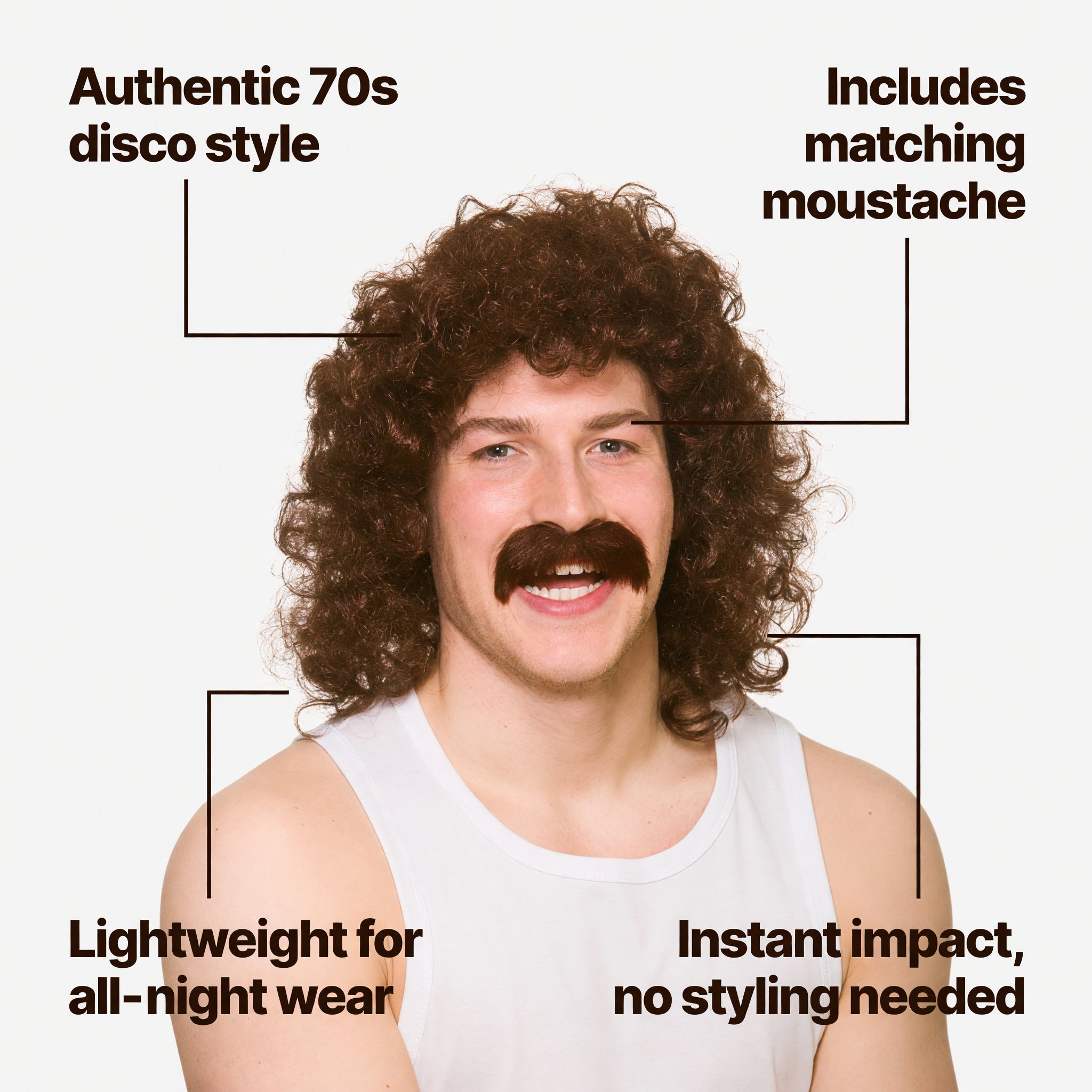 Men's Brown Perm Wig with Moustache