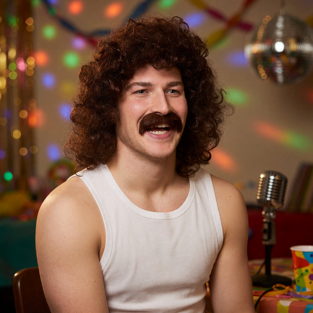 Men's Brown Perm Wig with Moustache – product image 6