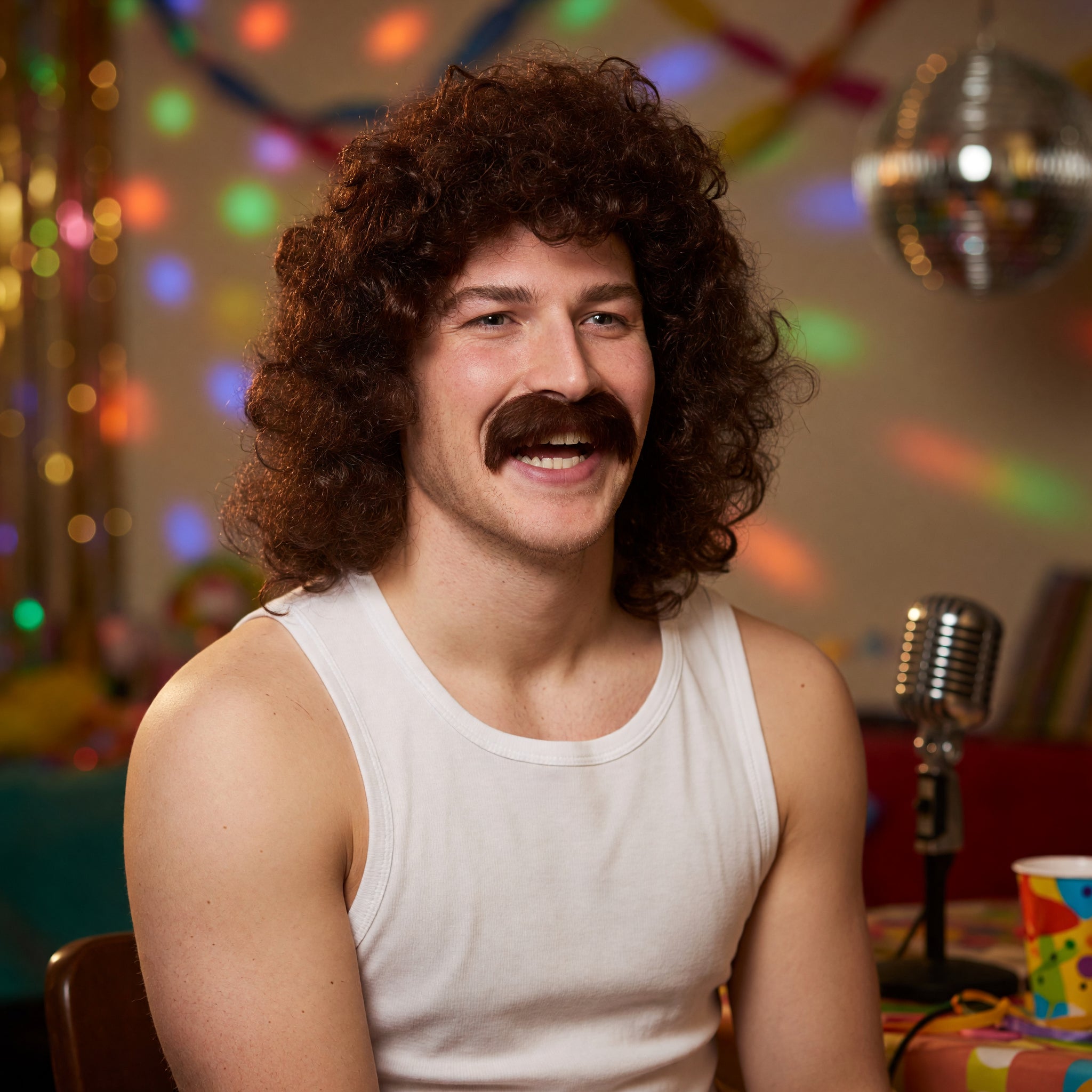 Men's Brown Perm Wig with Moustache – product image 6