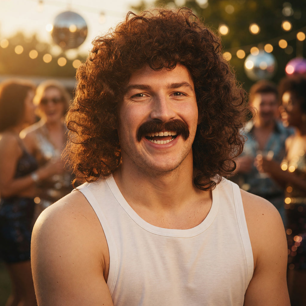 Men's Brown Perm Wig with Moustache – product image 4