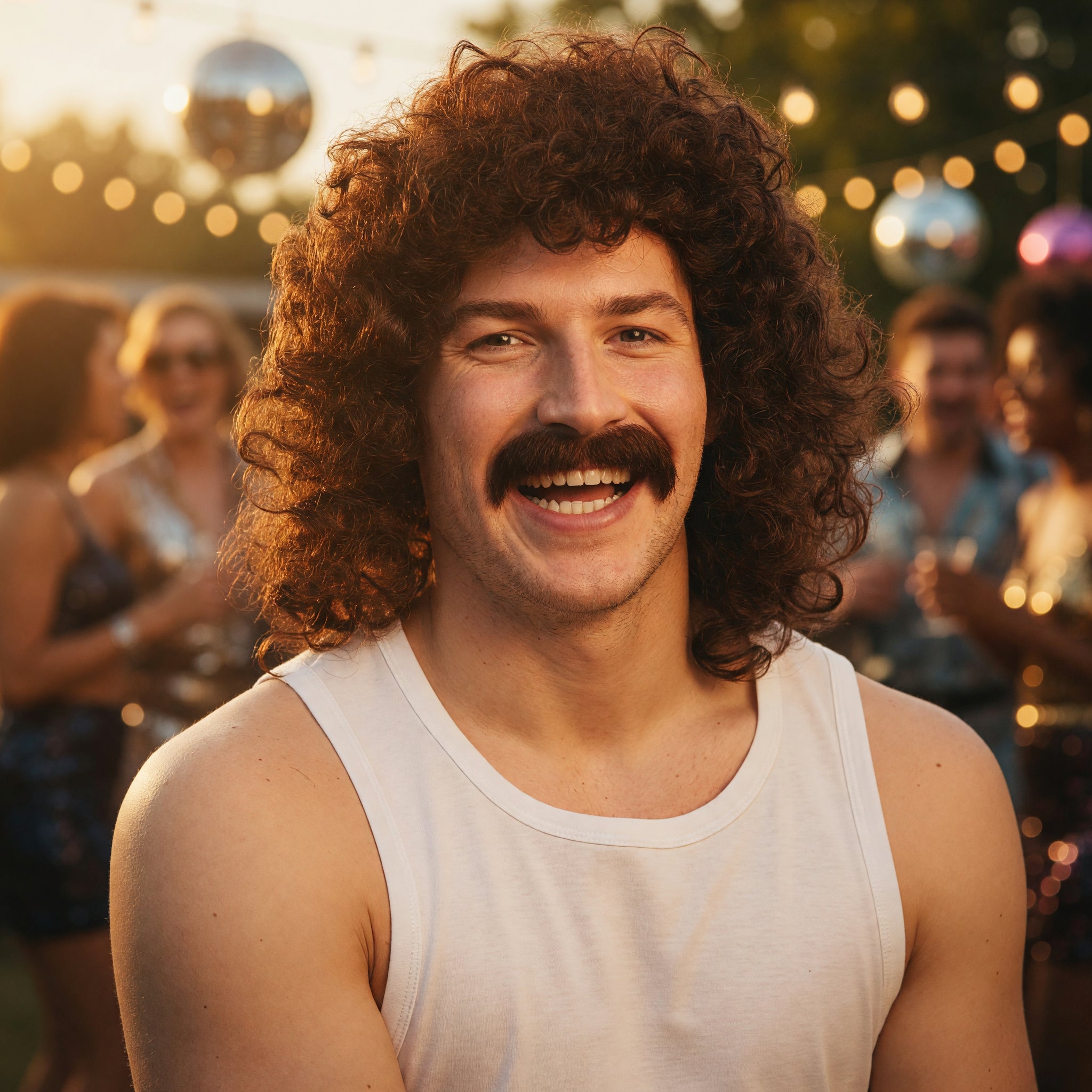 Men's Brown Perm Wig with Moustache
