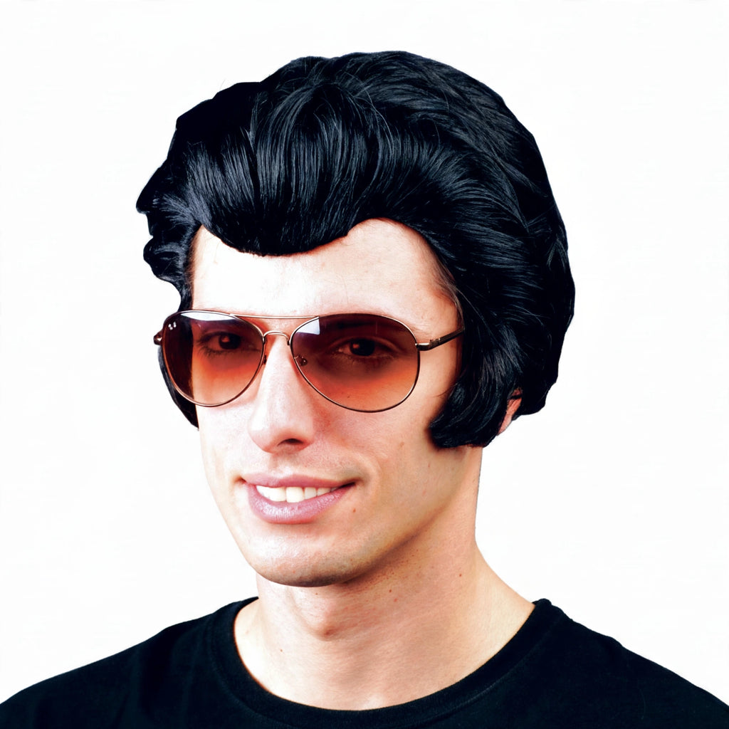 Close-up view of Mens Rock 'n' Roll King Elvis Black Wig showing side curls and quiff