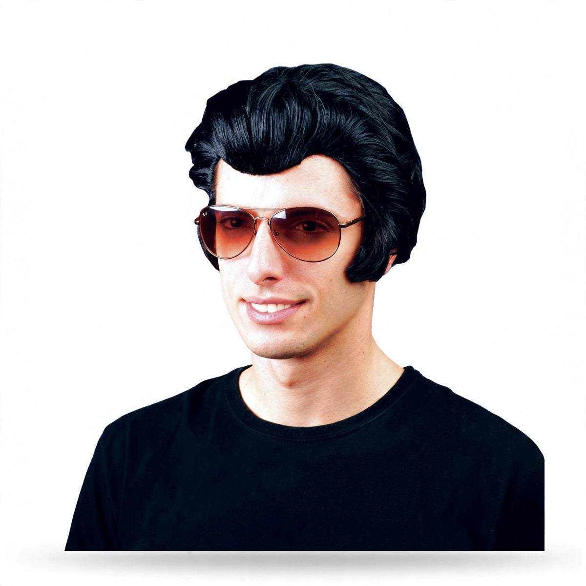 Mens Rock 'n' Roll King Elvis Black Wig with swept-back quiff and side curls