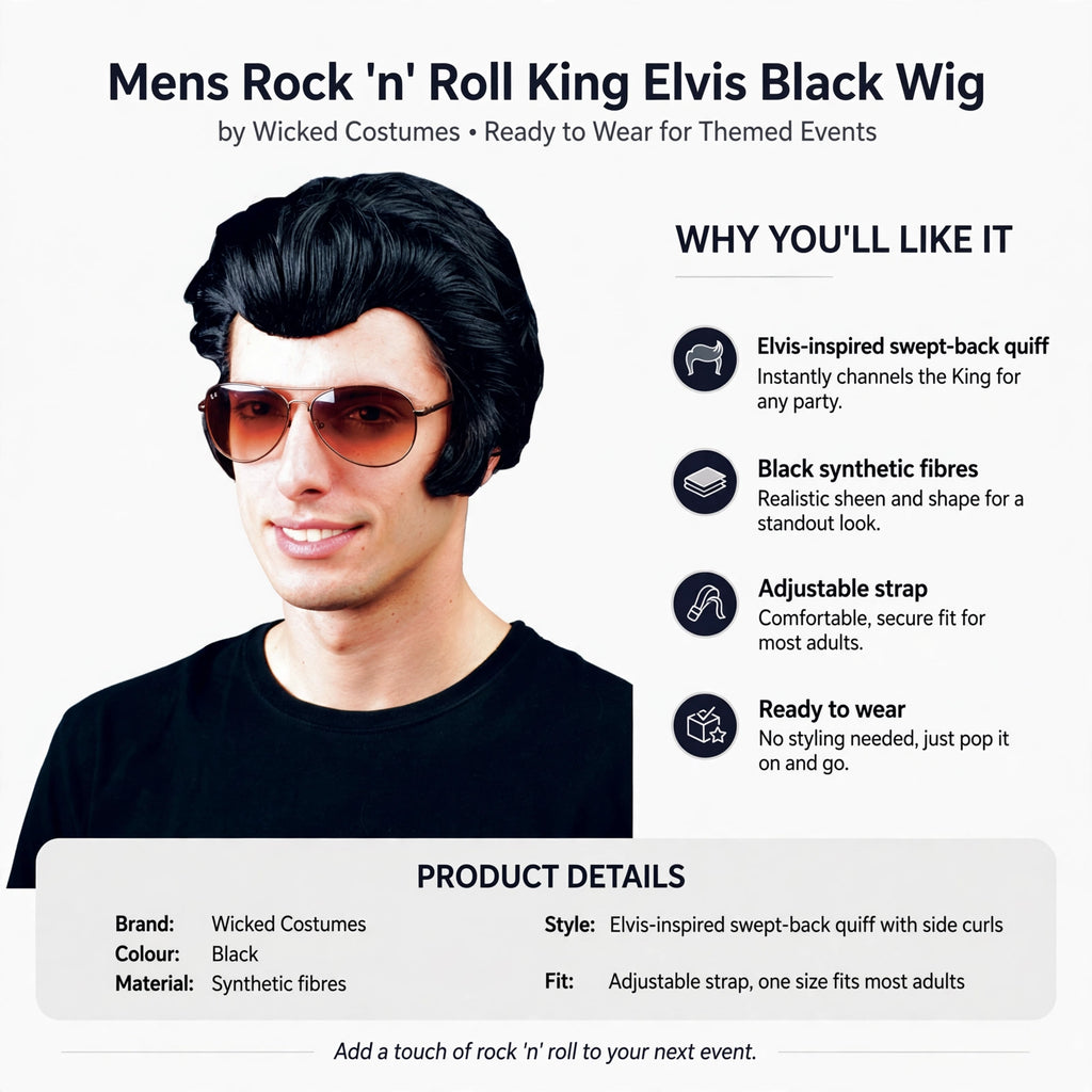 Wig features Elvis-inspired swept-back quiff, black synthetic fibres, adjustable strap, ready to wear