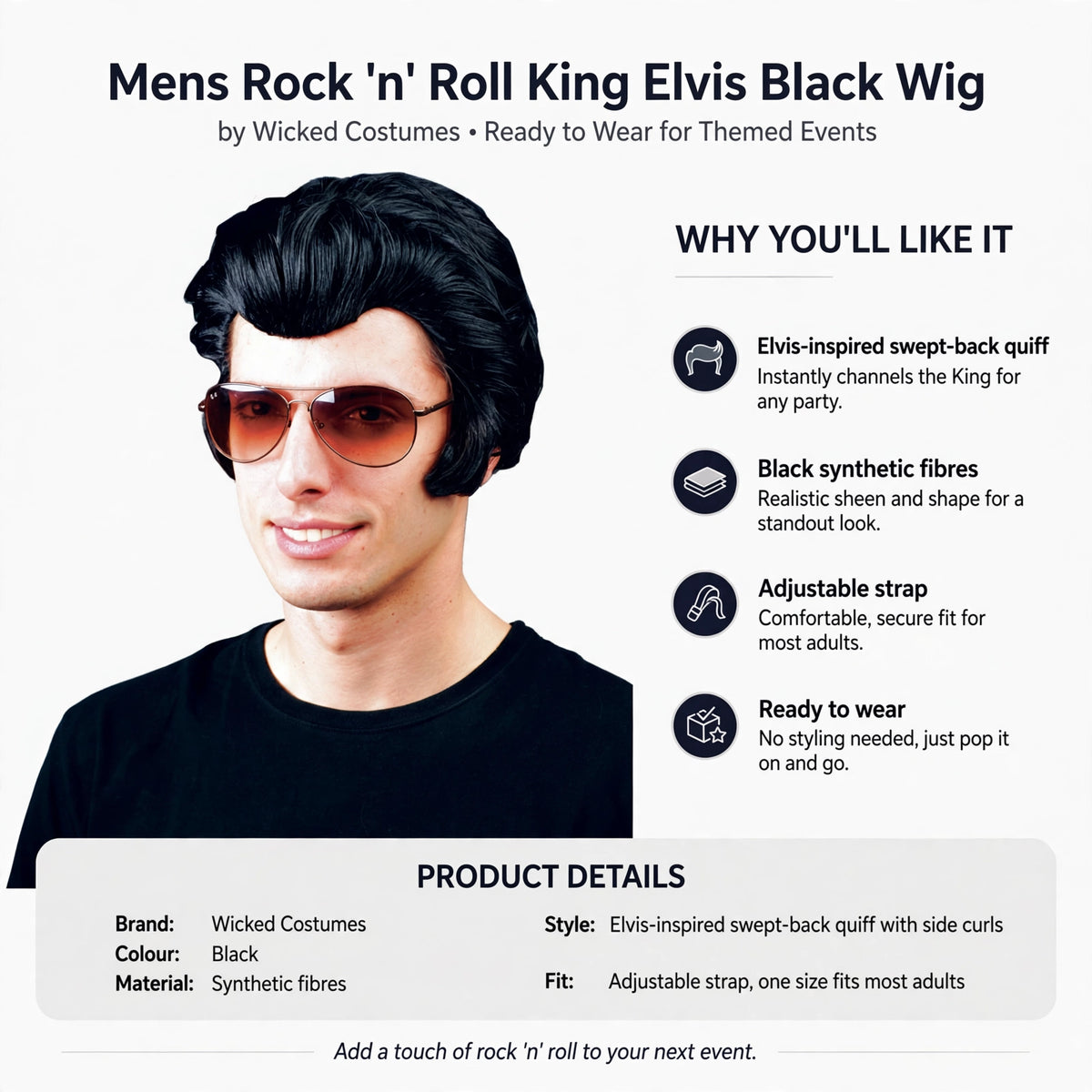 Wig features Elvis-inspired swept-back quiff, black synthetic fibres, adjustable strap, ready to wear