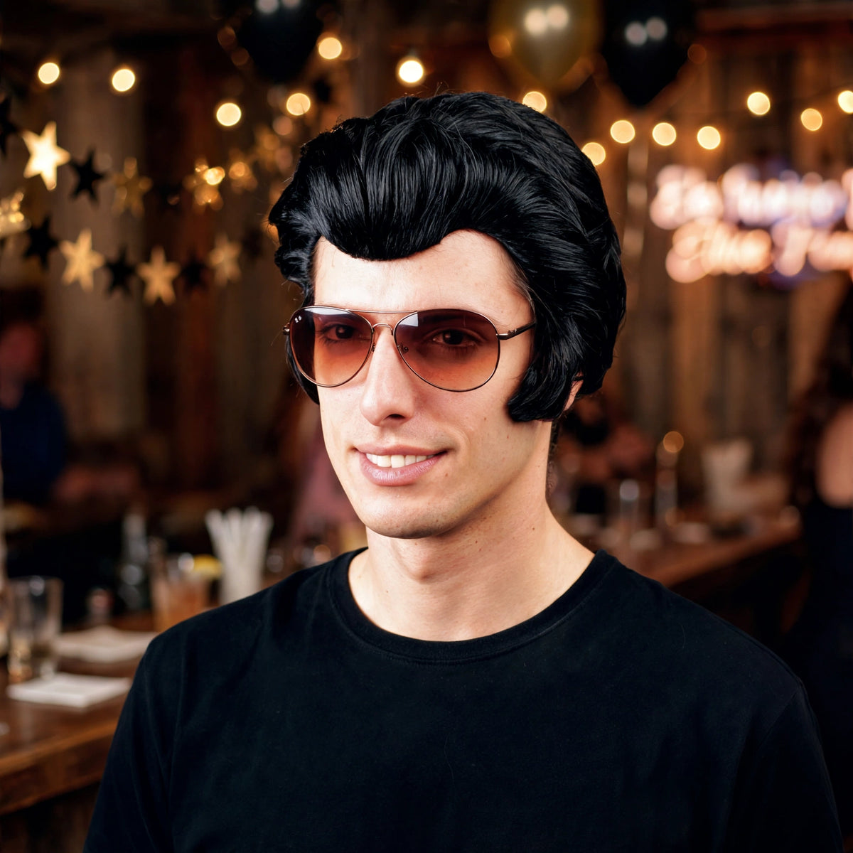 Mens Rock 'n' Roll King Elvis Black Wig styled for Elvis tribute or themed party