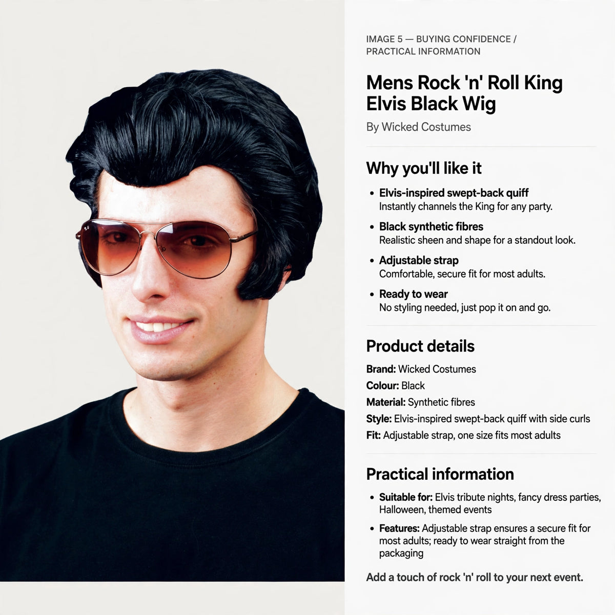 Mens Rock 'n' Roll King Elvis Black Wig with adjustable strap for secure fit, ready to wear