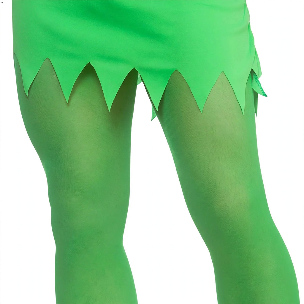 Close-up view of men's green elf tights showing opaque nylon fabric