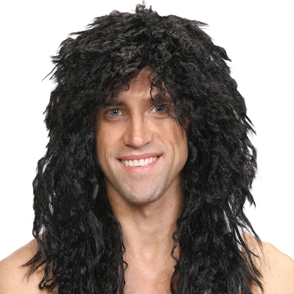 Close-up view of Mens Rockstar Black Wig showing wild shaggy black hair