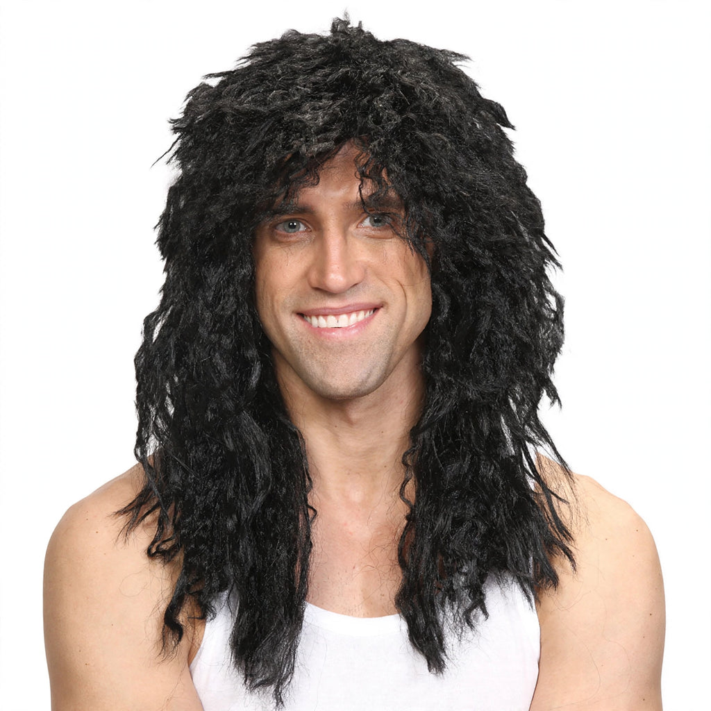 Mens Rockstar Black Wig with wild shaggy black hair and comfortable inner cap
